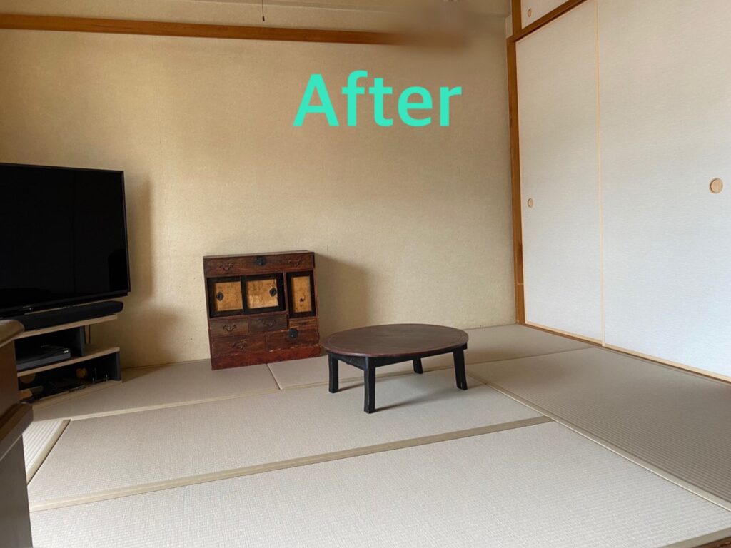 after　レトロな家具のイメージにあわせて、畳はグレイッシュカラーな和紙畳を採用。襖も柄のないスッキリとしたシンプルモダンな空間です。